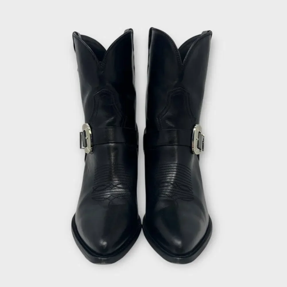 PARTLOW Charlotte Leather Buckle Western Booties In Nero Size 42